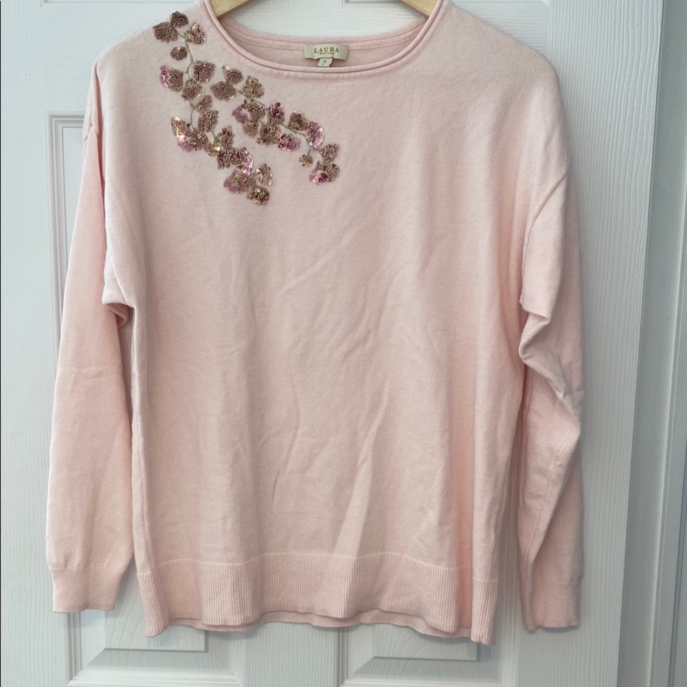 Laura Petites Pink Sweater with Floral Embellishments